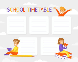 Elementary School Timetable, Weekly Planner, Schedule Template with Cute Kids Reading Books Cartoon Vector Illustration