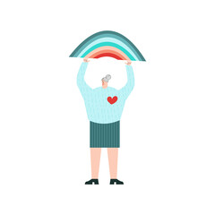 Elderly woman volunteer with rainbow Volunteering charity and people concept Flat vector  illustration