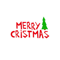 Holiday red vector lettering Merry Christmas. Illustration with a green Christmas tree on a white background.