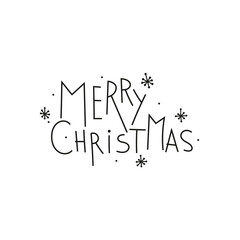 Holiday black vector lettering Merry Christmas. Illustration with hand drawn snowflakes on white background.