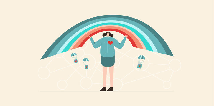  Young girl volunteer and Rainbow as symbol of hope help caring support and aid for people  Flat vector illustration