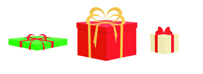 Set of three gift boxes in red, green and beige colors. Vector illustration