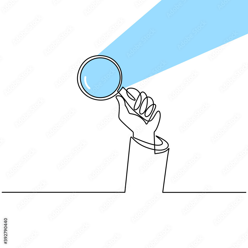 Poster hand holding magnifying glass one line drawing vector illustration continuous single hand drawn. mag