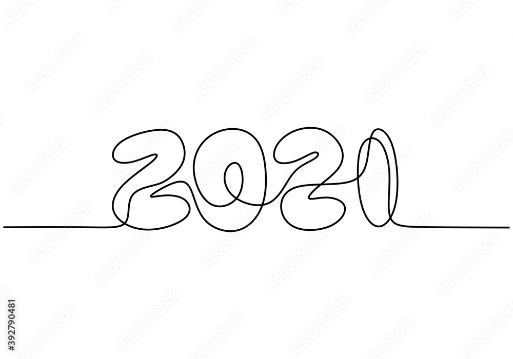 Poster 2021 new year design in continuous line art drawing style minimalist black linear sketch isolated on