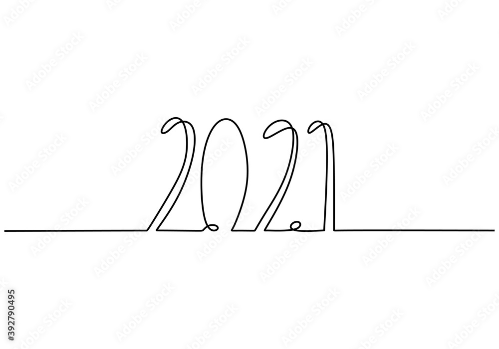 Poster 2021 new year design in continuous line art drawing style minimalist black linear sketch isolated on
