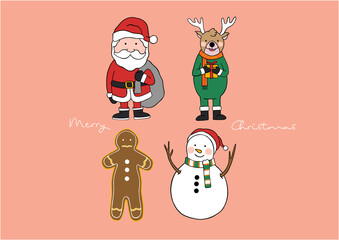 Vector Illustration of Merry Christmas Cute Cartoon Characters, Santa Claus, Reindeer, Gingerbread, Cookie Man, Snowman