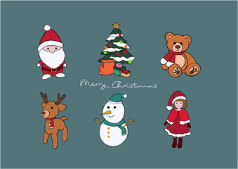 Fototapeta premium Vector Illustration of Merry Christmas Cute Cartoon Characters, Santa Claus, Reindeer, Snowman