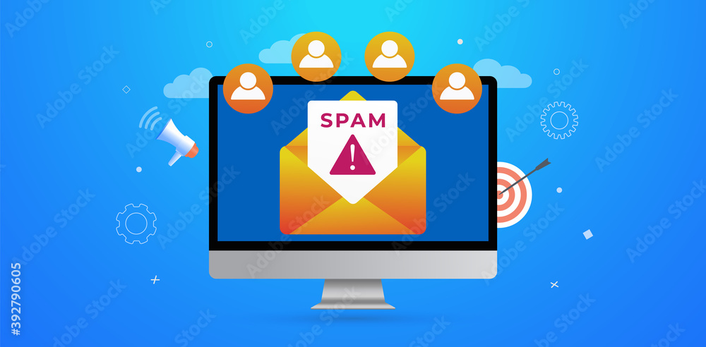 Poster email spam message concept. malware spreading virus, scam and fraud mail. irrelevant unsolicited mal