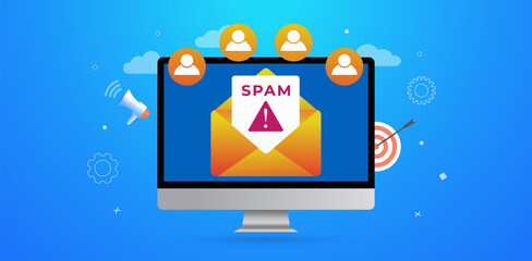 Email Spam Message concept. Malware spreading virus, scam and fraud mail. Irrelevant unsolicited malicious e-mail envelope with warning and alert notification. Header or footer vector banner template