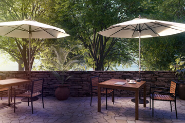 爽やかな朝日が差し込むオープンテラスとコーヒーが置かれたテーブルの3Dグラフィックス  リゾートワーク・ワーケーションのコンセプトイメージ