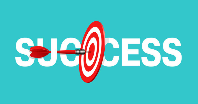 Success concept - sports, business strategy and targeting success - bulls eye hit in darts target - vector banner