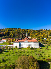 Aerial view Schäftlarn monastery, Isar valley, Upper Bavaria, Bavaria, Germany,