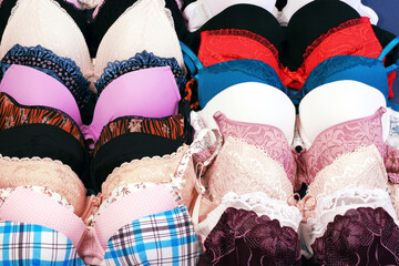 Set of women's bra close up. Underwear fashion concept. Basic lingerie flatly top view