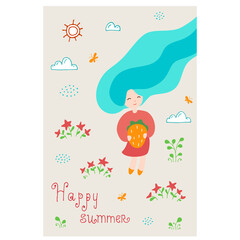 Vector illustration - funny girl on a background of forest glade.