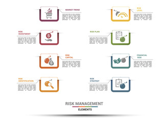 Infographic Risk Management template. Icons in different colors. Include Market Trend, Risk Investment, Capital, Identification and others.