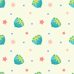 Seamless pattern with lemon and stars on a light pearl background. Unusual lemon in the cut. Vector illustration. The pattern for the tablecloth or napkins..