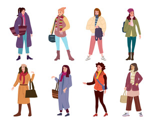 Fototapeta premium Set Young womans characters in trendy clothes street fashionable style outwear female. Trendy vector style