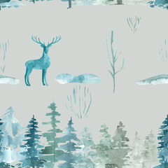 Fototapeta premium Seamless border pattern of pine trees Christmas winter forest on a blue background