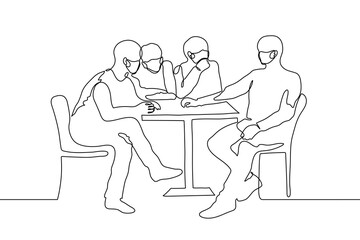 group of masked men are sitting at a table in a (terrace) cafe, waiting for the waiter to bring the order. one line drawing of a group of masked friends sitting at a cramped empty table