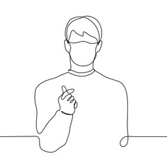 young man in a mask stands showing the shape of a heart with his fingers (thumb and forefinger). one line drawing concept korean gesture 