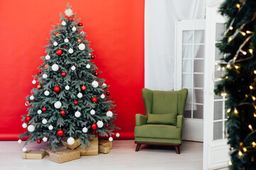 New Year's card interior red decor and Christmas tree with gifts