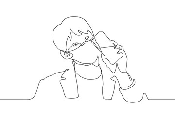 man in the mask tilted his head and the phone, he shows the screen to the viewer / observer. one line drawing of a man showing his phone