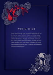 Brochure, flyer, banner template with traditional Japanese eastern ornament. Oriental waves and koi fish drawings. Blank with decorative pattern and space for text. Vector illustration