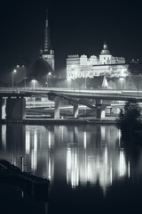 The Ducal Castle and Cathedral in Szczecin at foggy night, Poland.
