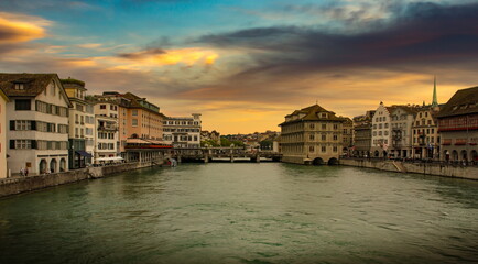 Limmat river in Zurich. Summer evening. Switzerland.