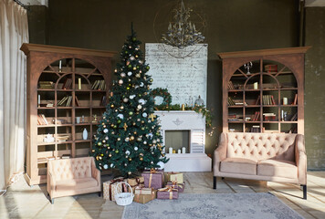 Room decorated for Christmas or new year. The interior of the room with a Christmas tree and decorations