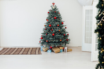 Christmas tree blue pine with gifts interior new year