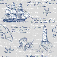 Old caravel, vintage sailboat, sea monster. Monochrome Hand drawn sketch. Seamless pattern for boy. Detail of the old geographical maps of sea.