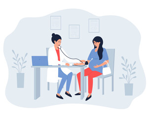 The obstetrician doctor measures the blood pressure of a pregnant patient. Another trip to the gynecological office of a pregnant woman. Flat vector illustration.
