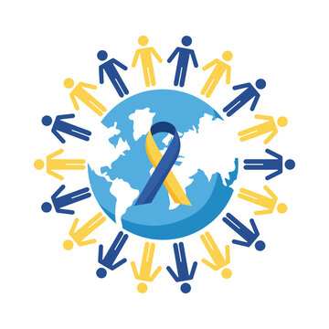 Down Syndrome Campaign Ribbon In Earth Planet And People Around Flat Style