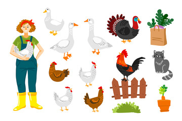 Happy farmer holding a chicken. Domestic bird. Chicken, cock, turkey, geese, duck. Vector drawing.