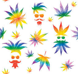 Fototapeta na wymiar A pattern with multicolored cannabis leaves and abstract multicolored male faces on a white background. Watercolor illustration, seamless pattern.
