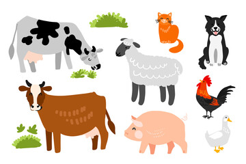 Livestock and pets on the farm. Cows, dog, cat, pig, sheep, duck, rooster. Vector drawing.