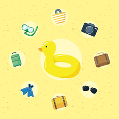 float ducky beach and flat style set icons