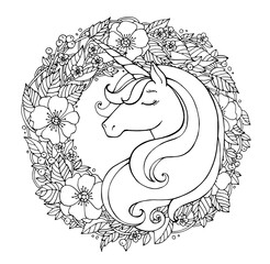 Unicorn, border of wild rose flowers. Magical animal. Vector artwork. Black and white. Coloring book page for adult. Zentangle Illustration. Love bohemian concept for wedding invitation card, label.