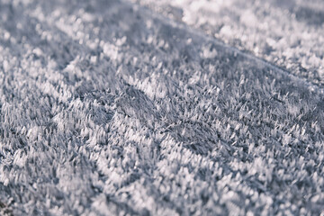 The surface of the white fresh snow frost winter on a wooden background close up for design