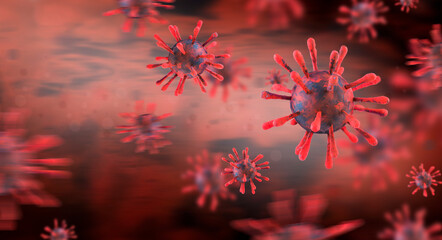 microscopic virus molecules on a dark red background. concept