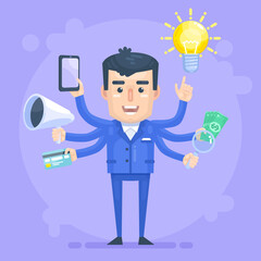 Businessman manages multiple tasks at once. Time management, multitasking concept. Modern vector illustration