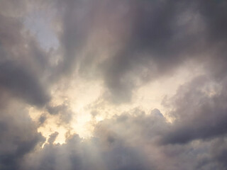 Fototapeta na wymiar Thunderclouds, sunlight and sun beam on sky, perfect nature background