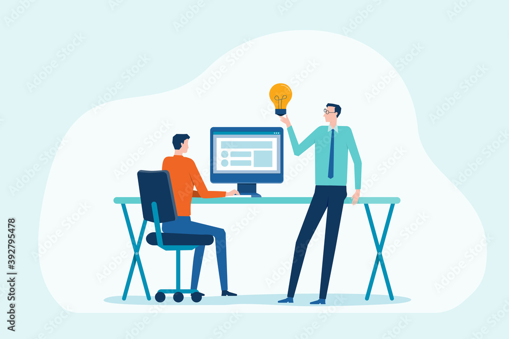 Poster flat illustration group business team meeting and brainstorming for working concept with cartoon cha