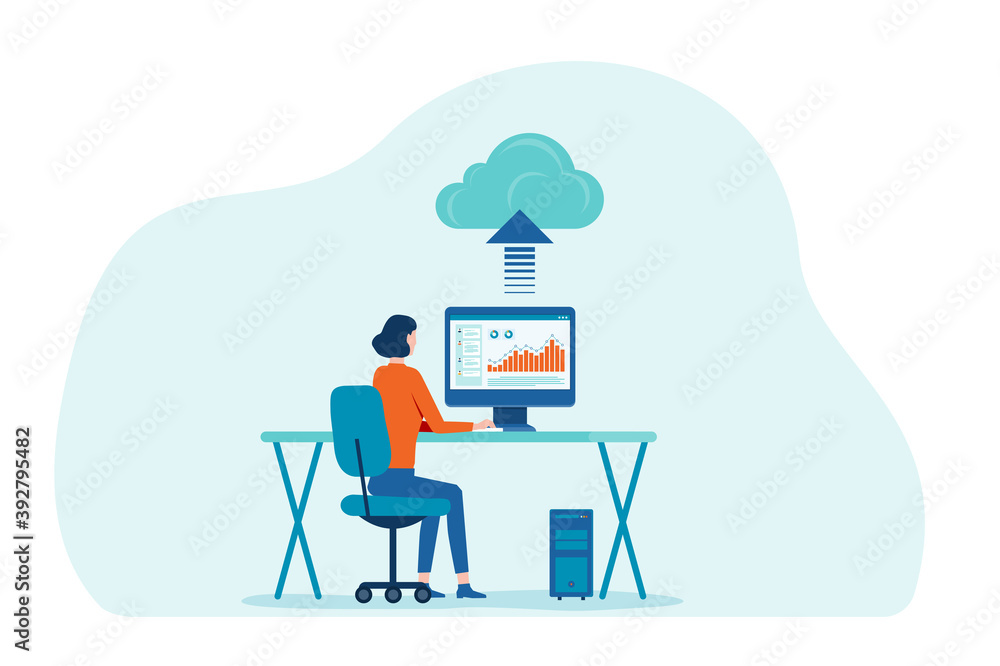 Aufkleber flat vector women working with technology cloud computing service concept and developer on web dashboard monitor concept