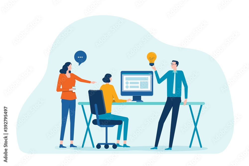 Poster flat illustration group business team meeting and brainstorming for working concept with cartoon character design 