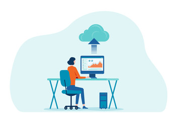 flat vector women working with technology cloud computing service concept and developer on web dashboard monitor concept