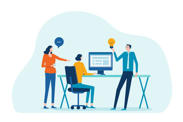 flat illustration group business team meeting and brainstorming for working concept with cartoon character design 