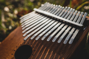 Extreme close-up of the metal keyboard keys of the kalimba wooden musical instrument in the dramatic morning light. Peaceful and relaxing music, stress relief, leisure activity.