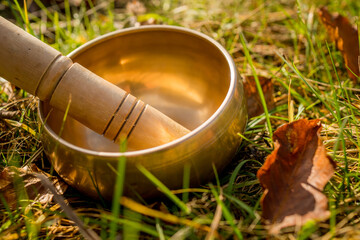 Tibetan golden bowl with a wooden stick in it placed on the natural grass background in the soft light of morning. Peaceful, calming, relaxing, yoga meditation music, strees relief, healing sounds.